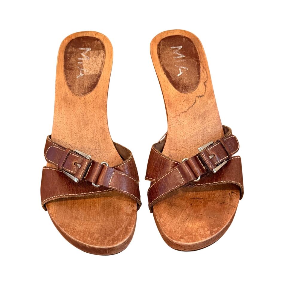 MIA Brown Leather Wood Heel Slide Sandals Sz 9 Buckle Boho Y2K Retro Mule